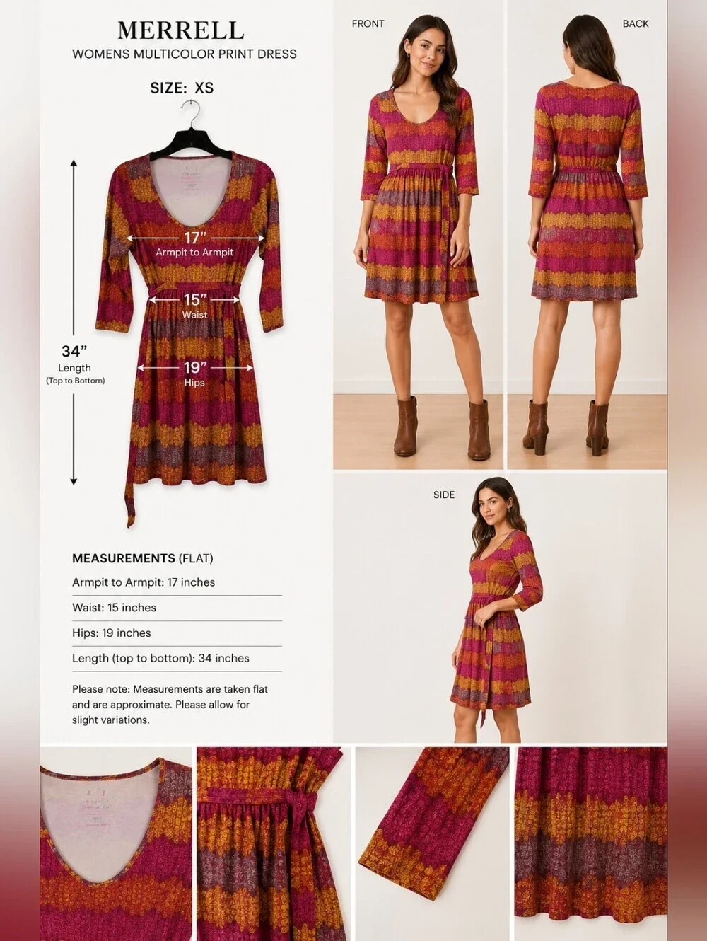 Merrell Womens Multicolor Print Dress Boho Casual Festive Size XS - Picture 2 of 5